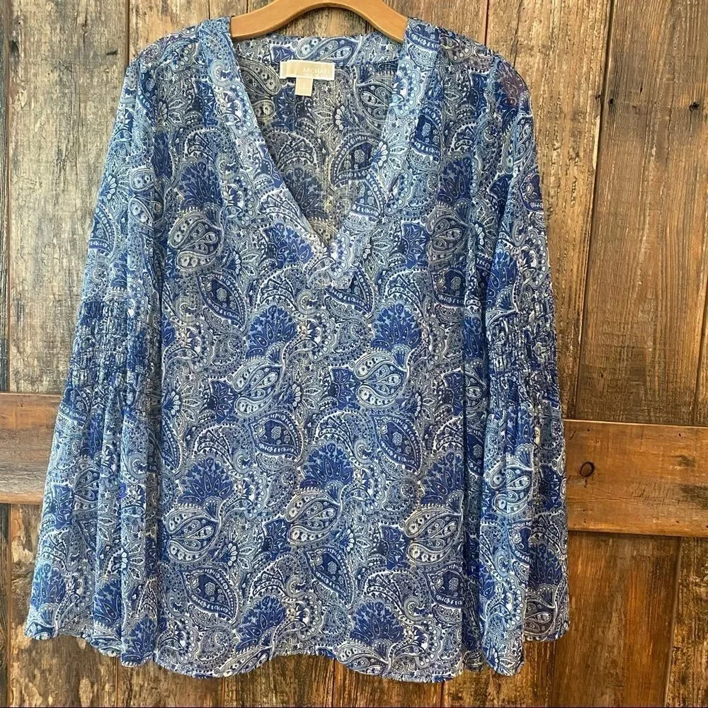 Michael Kors S Blue Gold Threaded Sheer BOHO Smocked Flared Sleeve Relaxed Top
